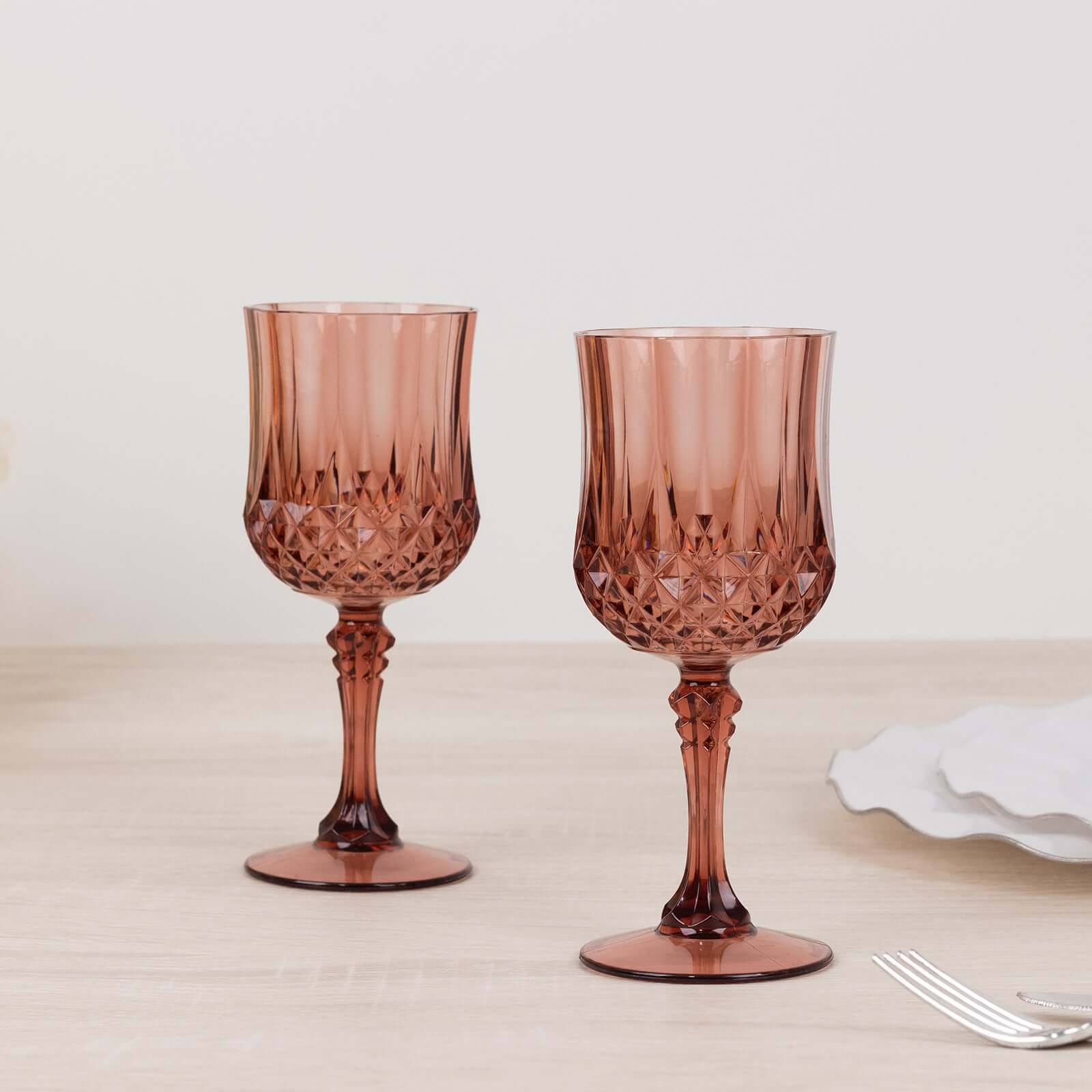 6-Pack Transparent Plastic Crystal Cut Wine Glasses 8oz, Dusty Rose - Shatterproof Cocktail Goblets